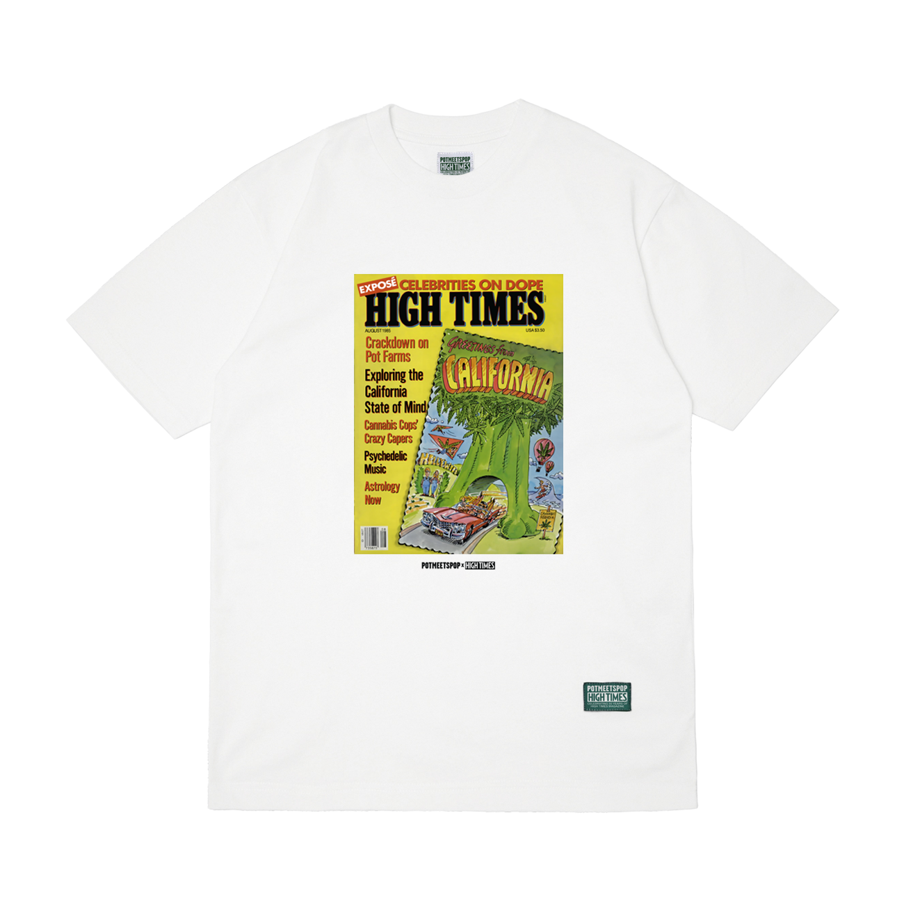 POT MEETS POP X HIGH TIMES MAGAZINE - GREETINGS FROM CALIFORNIA TEE WHITE